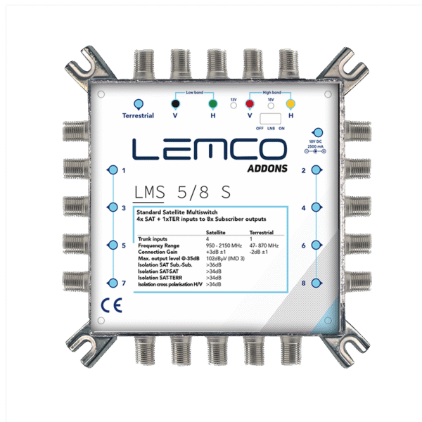 Multiswitch Satellitare 5/8 – 4 Ingressi SAT, 1 Terrestre, 8 Uscite, Compatibile Con Quad-LNB, Zero-Watt